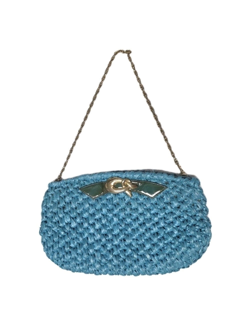 Womens Rodo Woven Teal Blue Wicker Clutch Gold Chain Purse Shoulder Bag Vintage